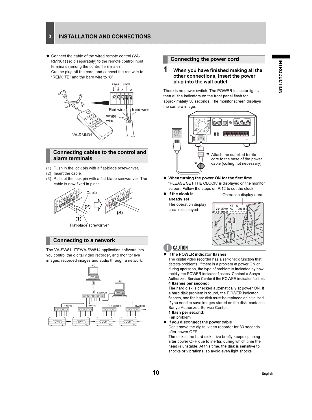 Sanyo DSR-M manual Connecting cables to the control and alarm terminals, Connecting to a network, Connecting the power cord 