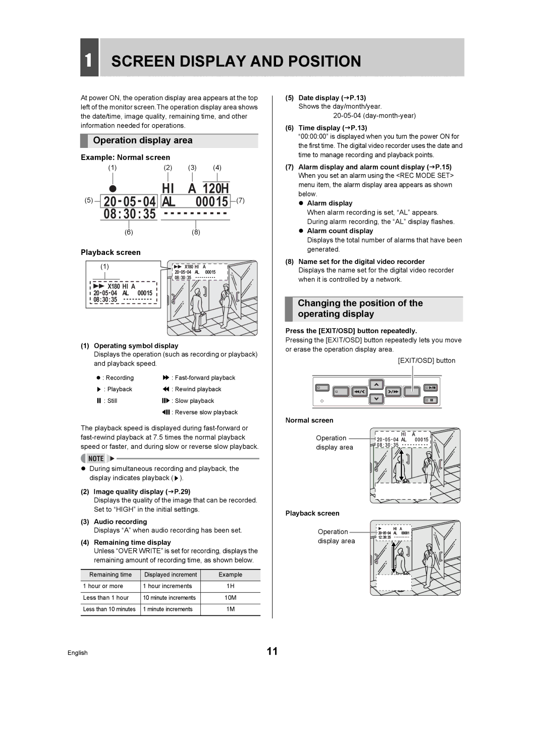 Sanyo DSR-M manual Screen Display and Position, Operation display area, Changing the position of the operating display 