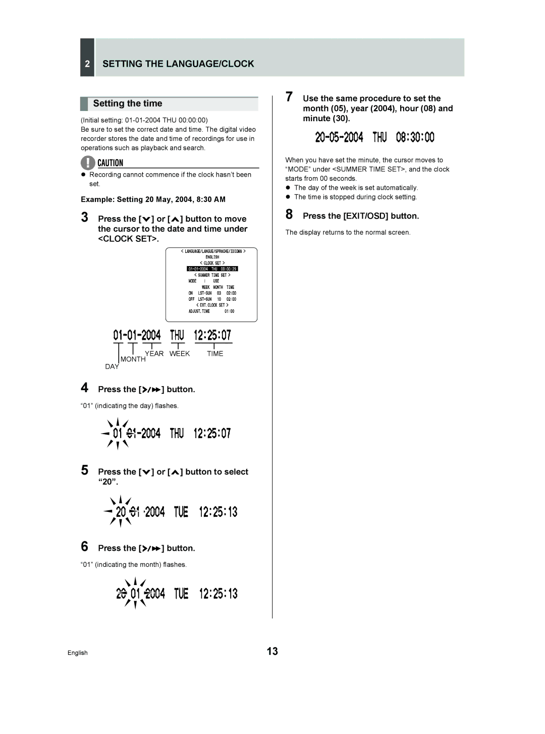 Sanyo DSR-M manual Setting the LANGUAGE/CLOCK, Setting the time, Press the or button to select Press the button 