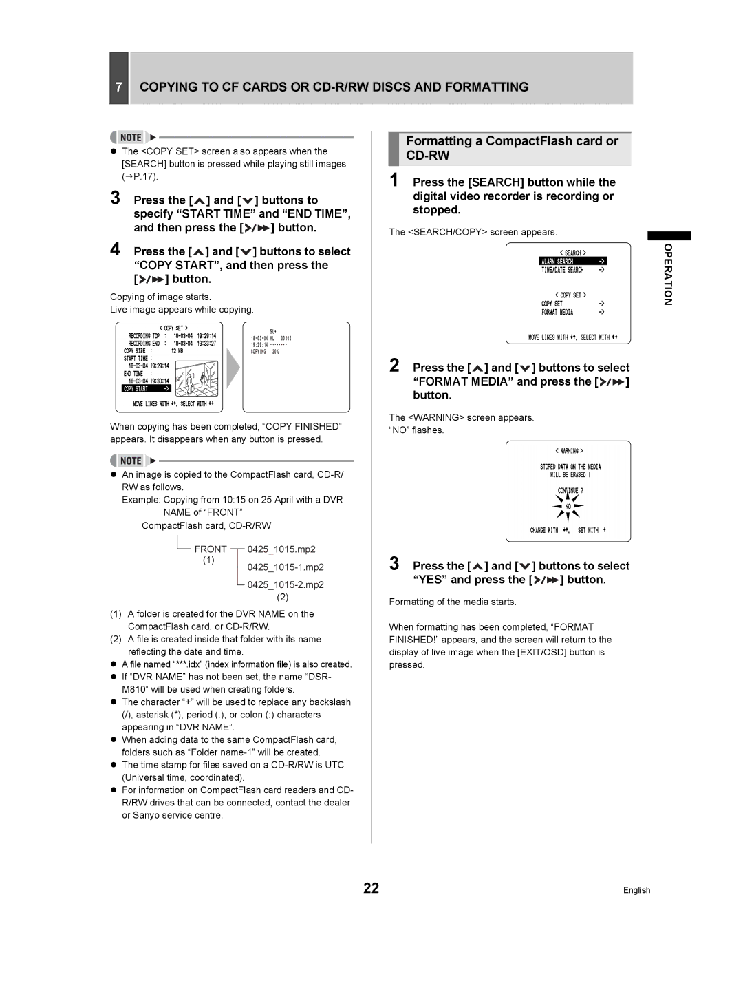 Sanyo DSR-M manual Copying to CF Cards or CD-R/RW Discs and Formatting, Formatting a CompactFlash card or, Cd-Rw 