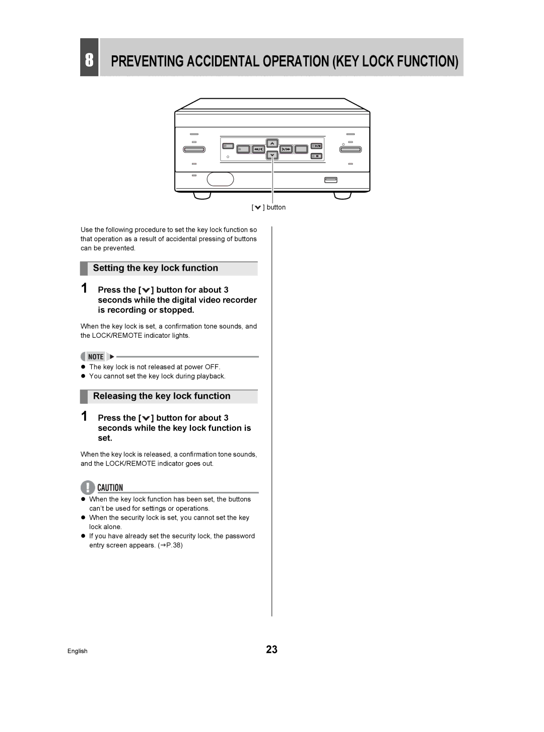 Sanyo DSR-M manual Setting the key lock function, Releasing the key lock function 