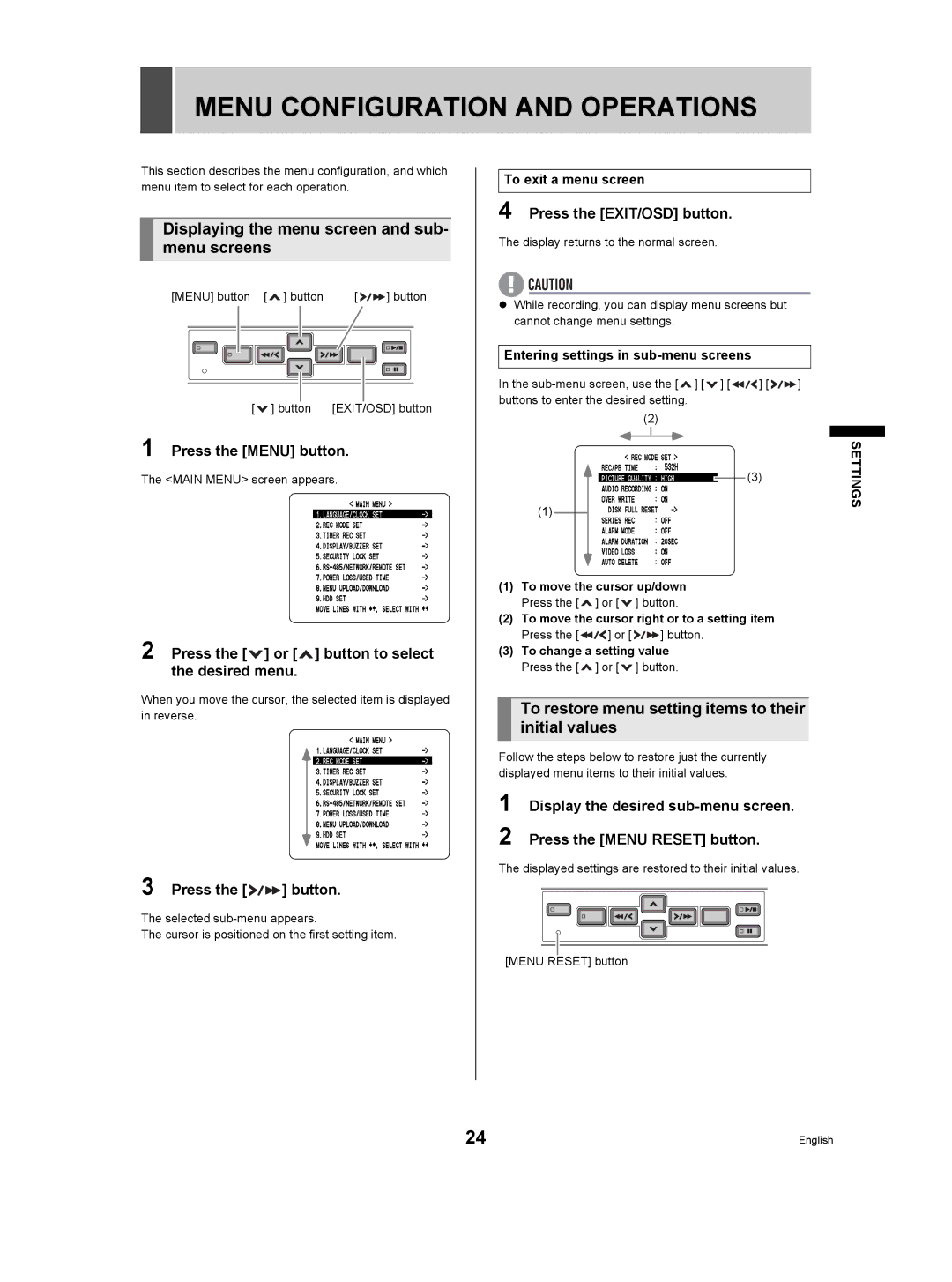 Sanyo DSR-M manual Menu Configuration and Operations, Displaying the menu screen and sub- menu screens 