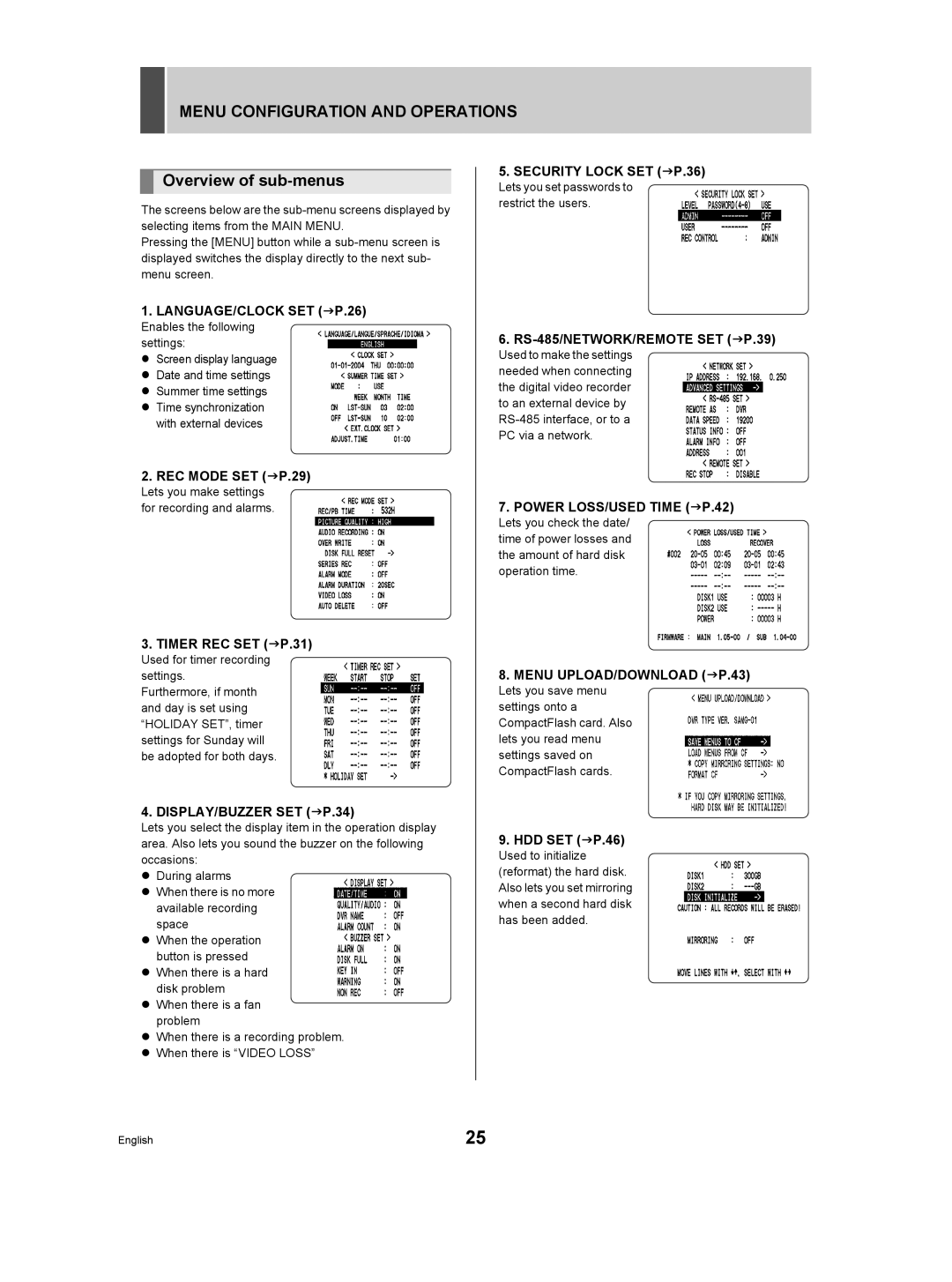 Sanyo DSR-M manual Menu Configuration and Operations, Overview of sub-menus, HDD SET JP.46 