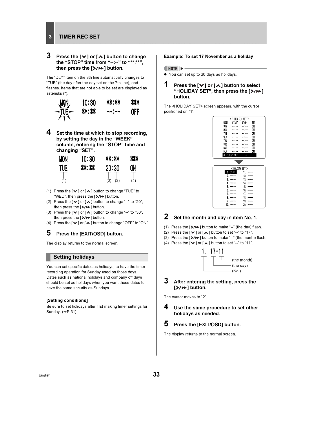 Sanyo DSR-M manual Setting holidays 