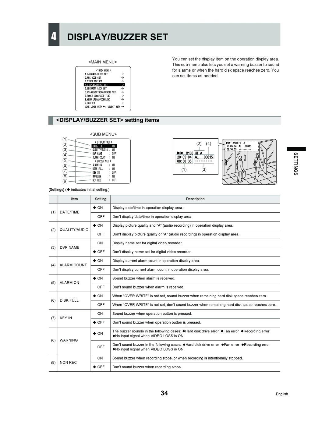 Sanyo DSR-M manual Display/Buzzer Set, DISPLAY/BUZZER SET setting items 