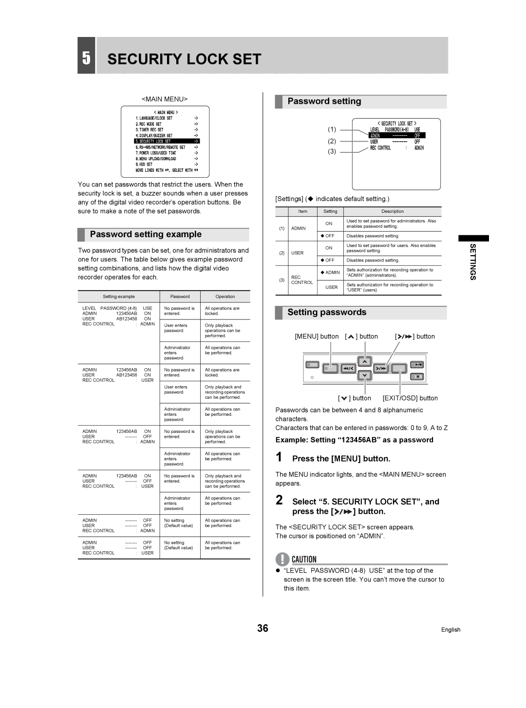 Sanyo DSR-M manual Password setting example, Setting passwords, Select 5. Security Lock SET, Press the button 