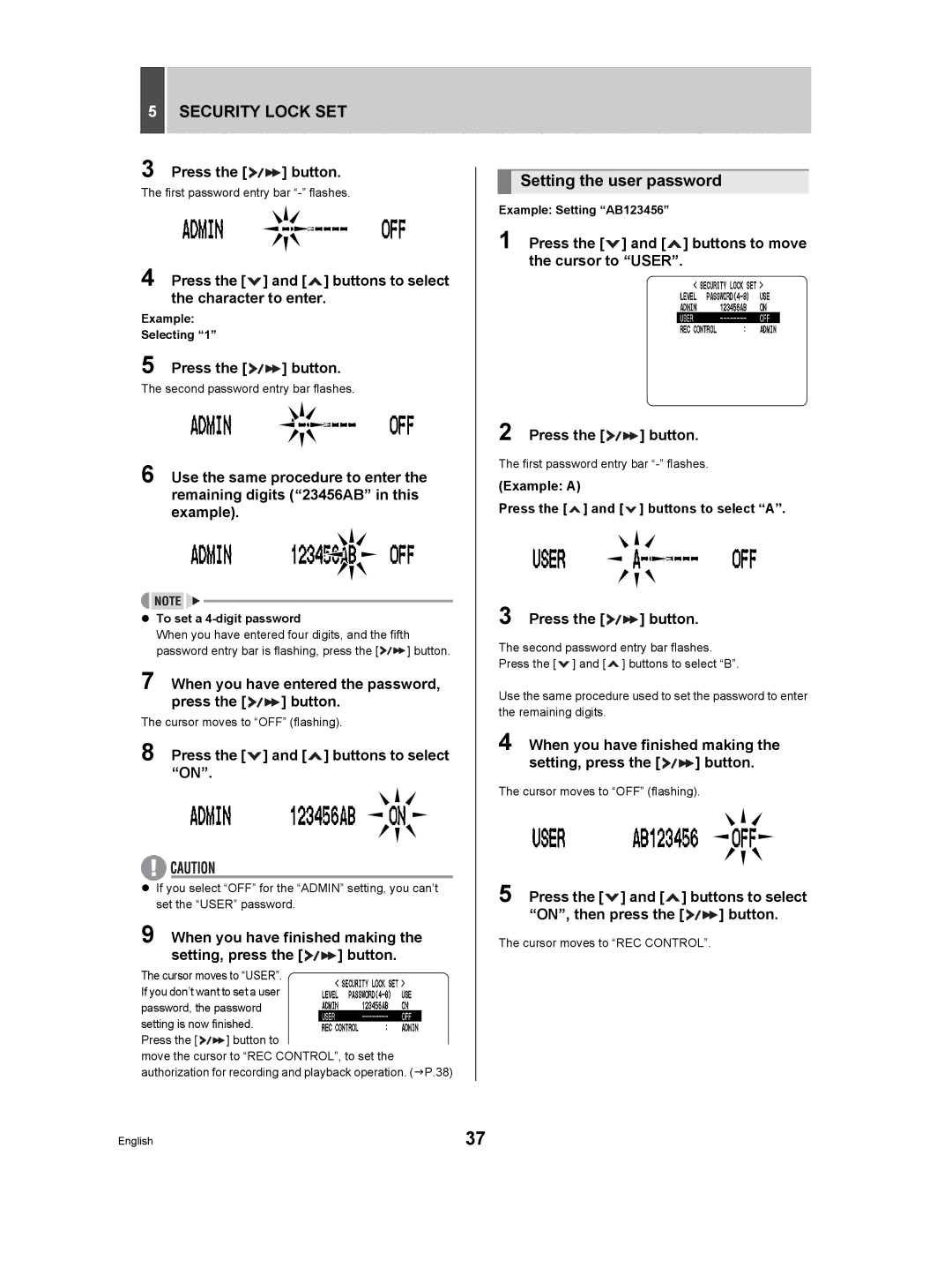 Sanyo DSR-M manual Security Lock SET, Setting the user password 