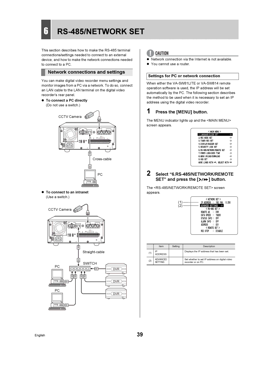 Sanyo DSR-M RS-485/NETWORK SET, Network connections and settings, Select 6.RS-485/NETWORK/REMOTE SET and press the button 