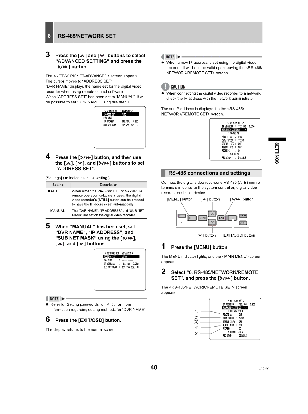 Sanyo DSR-M manual RS-485 connections and settings, Select 6. RS-485/NETWORK/REMOTE SET, and press the button 