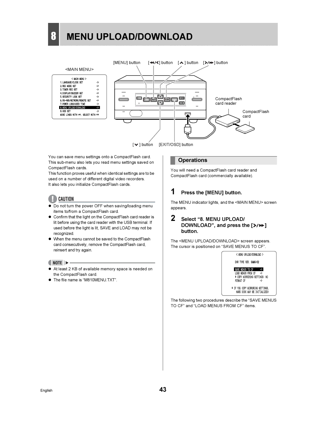 Sanyo DSR-M manual Menu UPLOAD/DOWNLOAD, Operations, Select 8. Menu Upload DOWNLOAD, and press the button, Card 