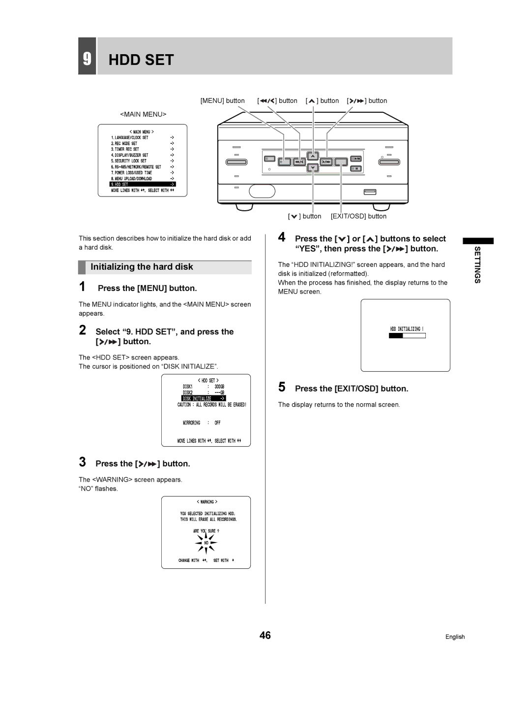 Sanyo DSR-M manual Hdd Set, Initializing the hard disk, Select 9. HDD SET, and press Button 