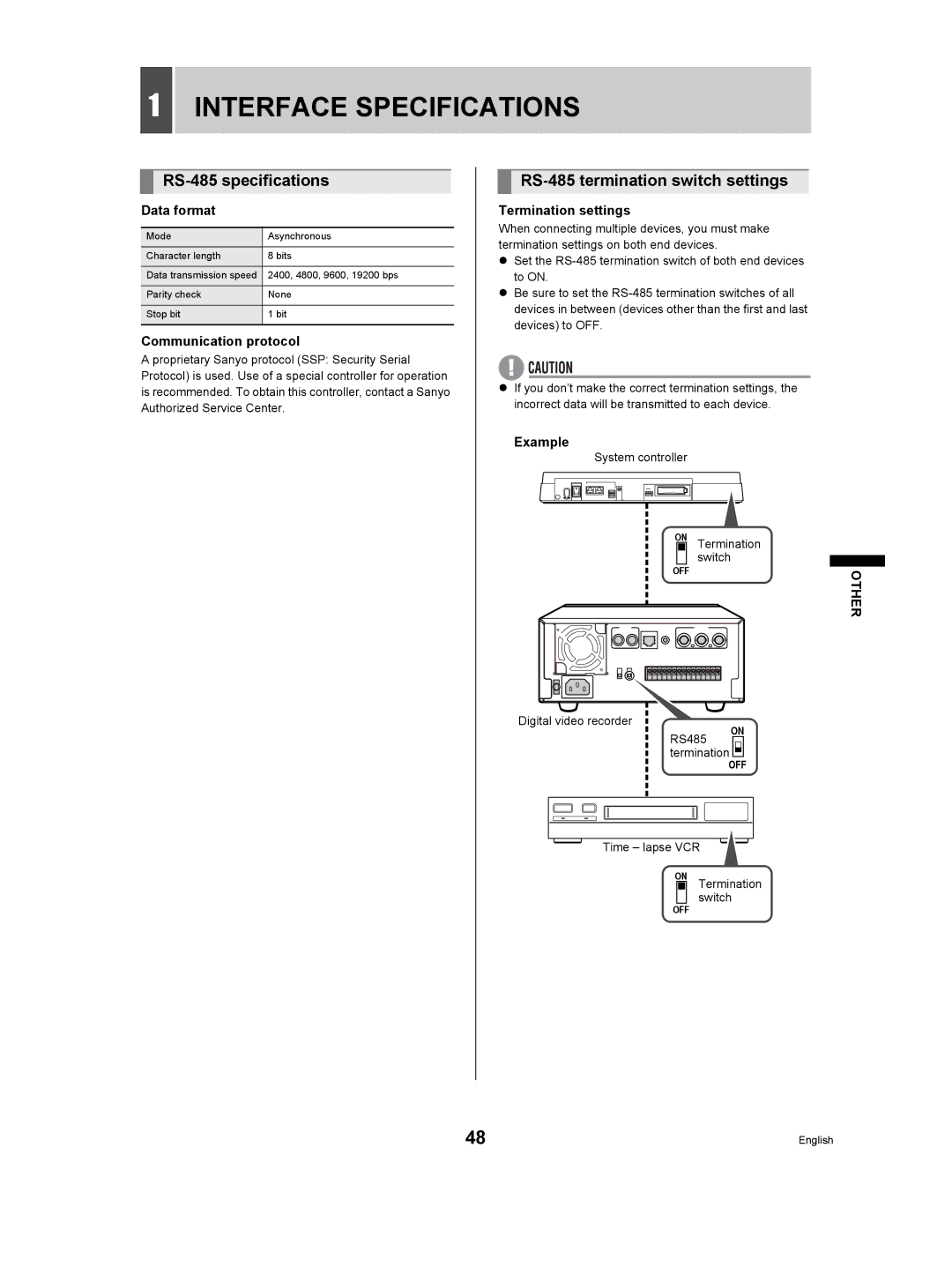 Sanyo DSR-M manual RS-485 specifications, RS-485 termination switch settings 