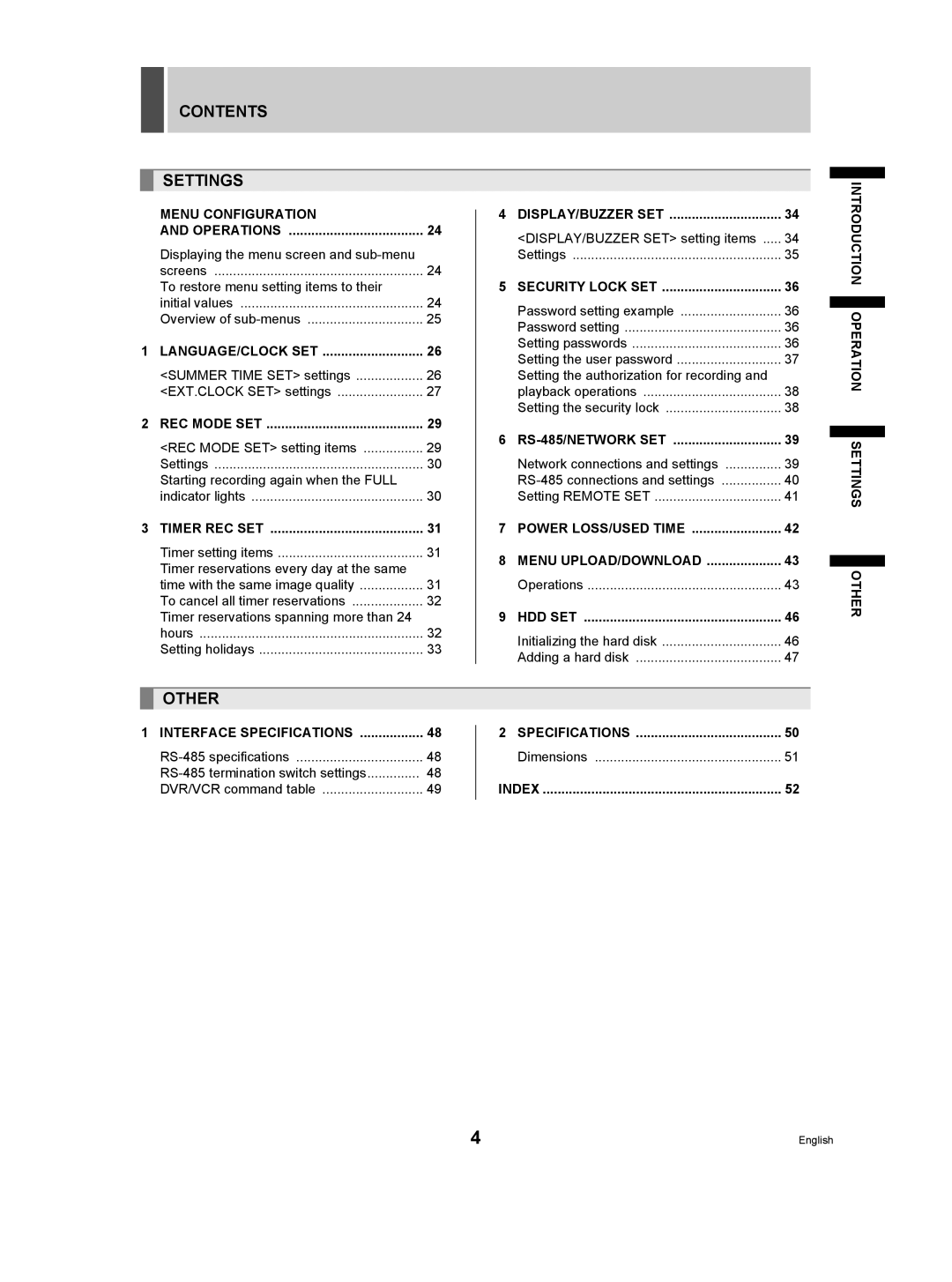 Sanyo DSR-M manual Contents Settings, Other 