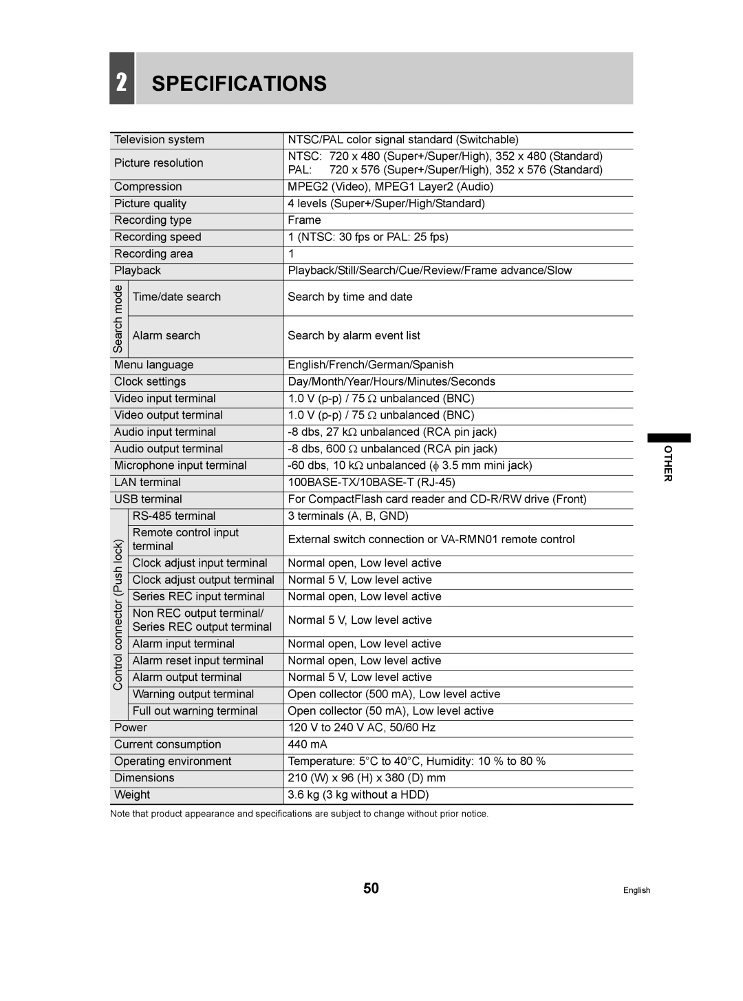 Sanyo DSR-M manual Specifications, Pal 