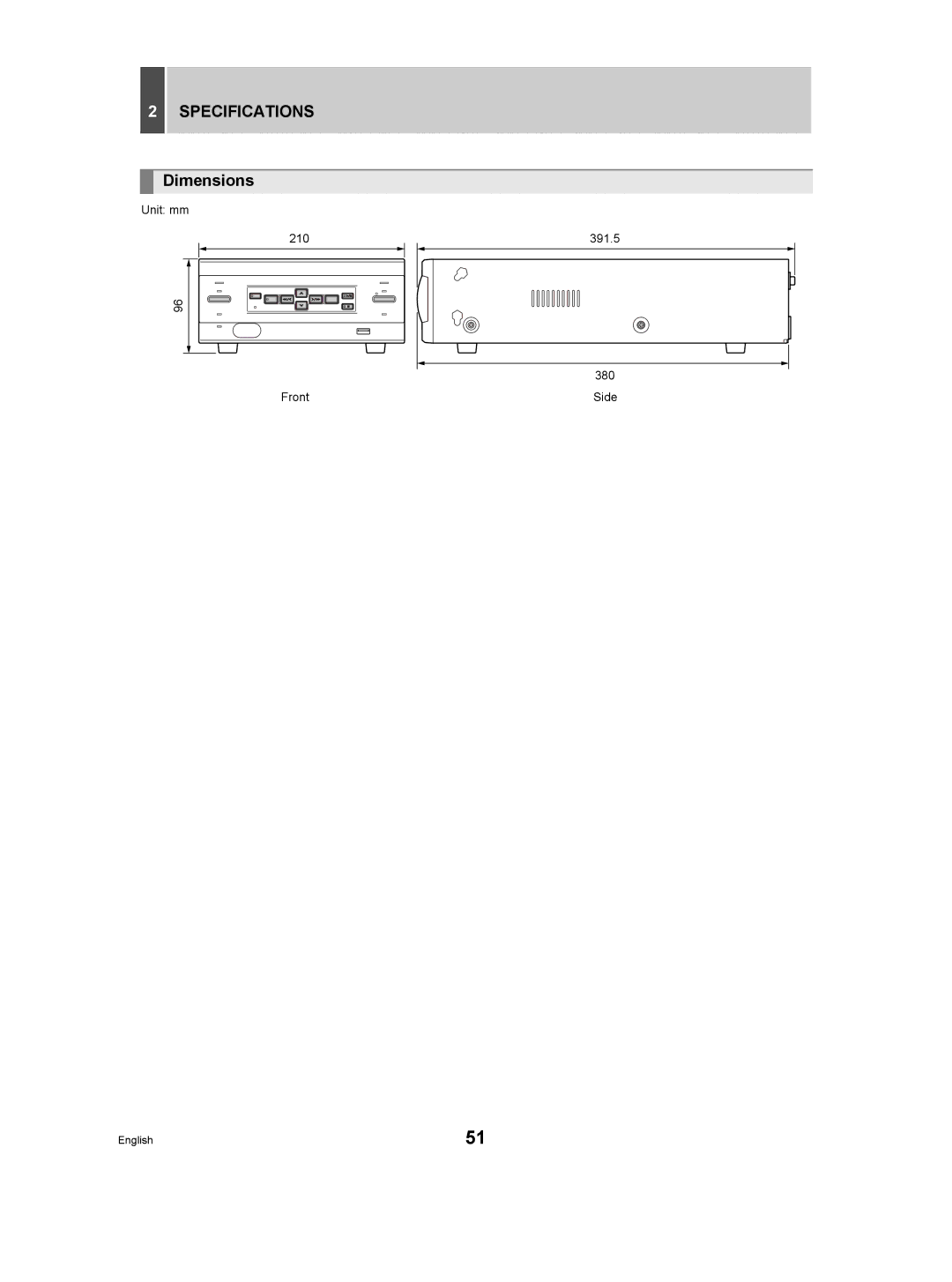 Sanyo DSR-M manual Dimensions, Unit mm 210 Front 391.5 Side 