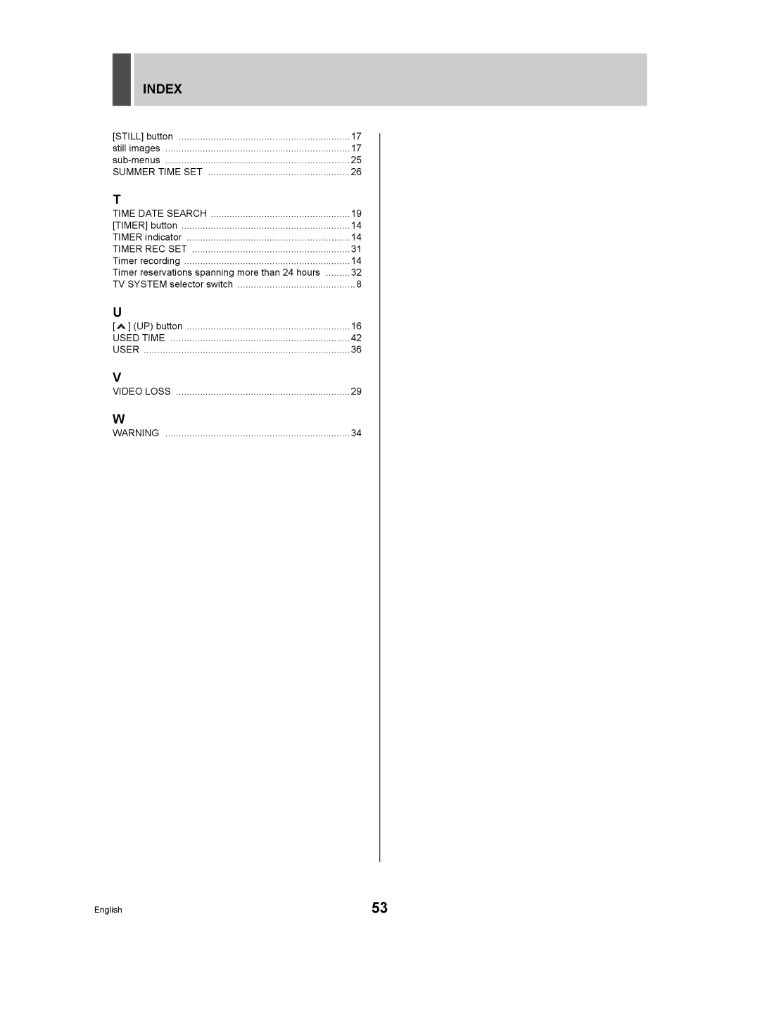 Sanyo DSR-M manual Index, Still button Still images Sub-menus, Timer button Timer indicator, Timer recording 