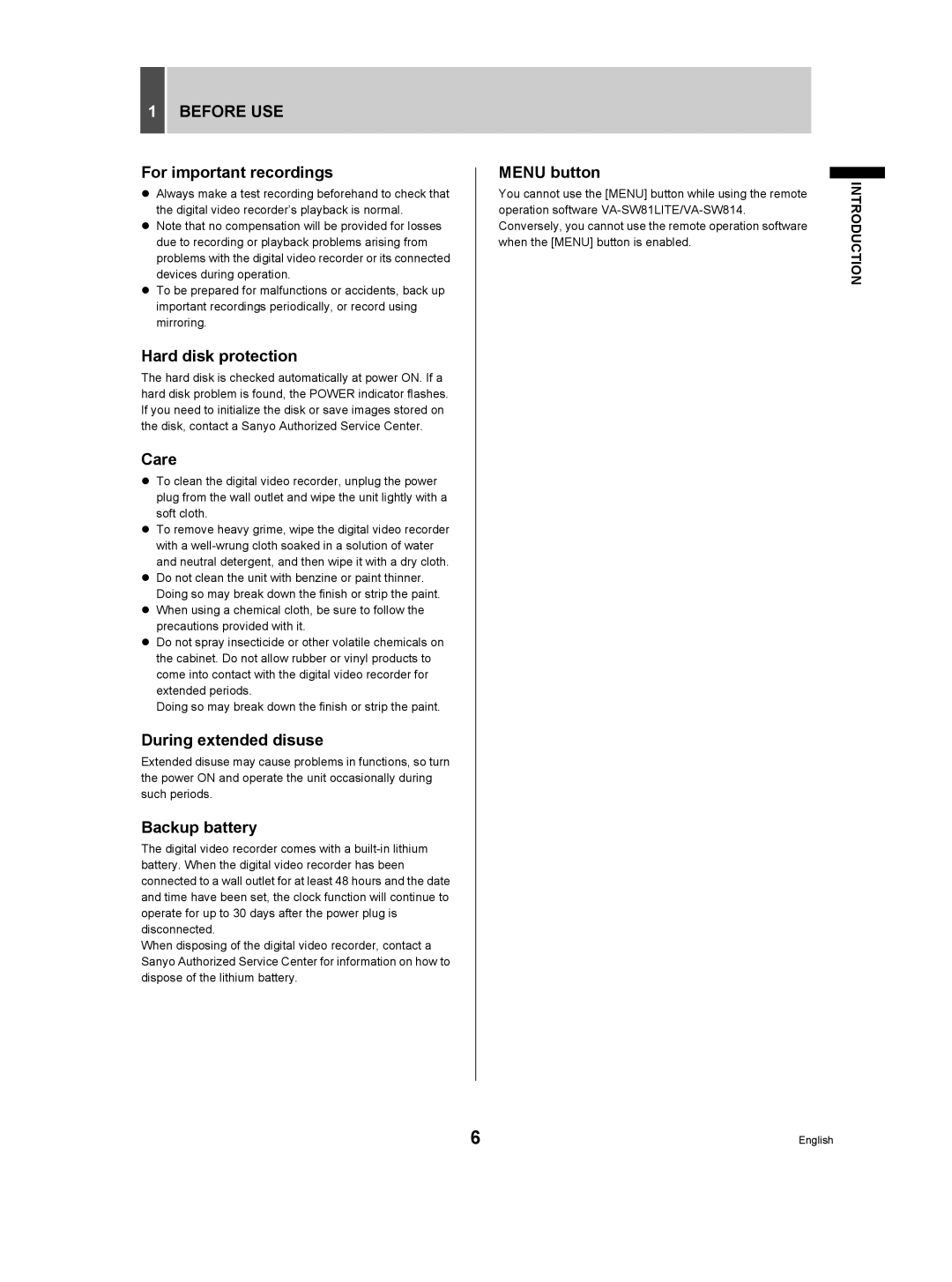 Sanyo DSR-M For important recordings, Hard disk protection, Care, During extended disuse, Backup battery, Menu button 