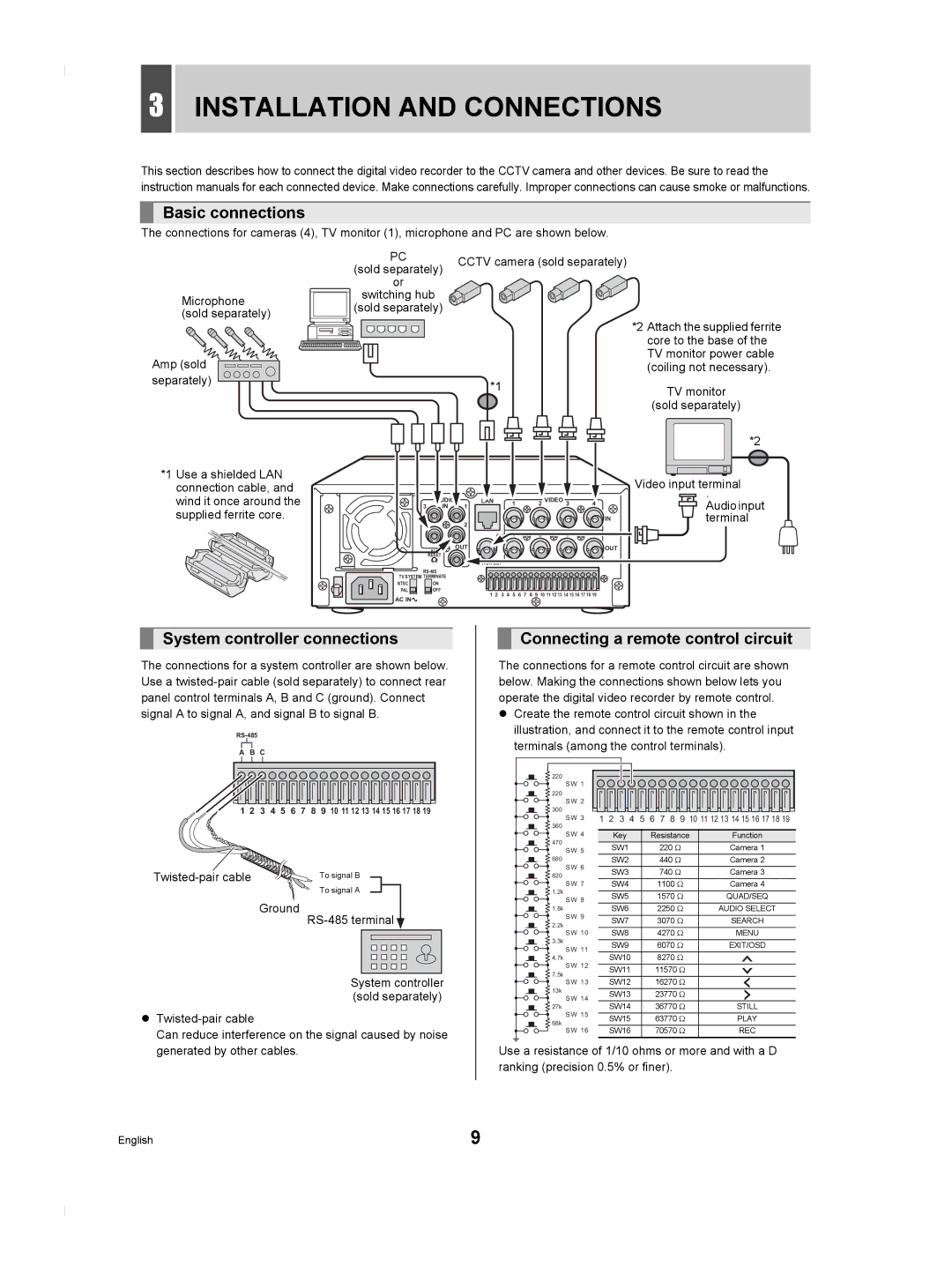 Sanyo DSR-M804P manual Installation and Connections, Basic connections, System controller connections 