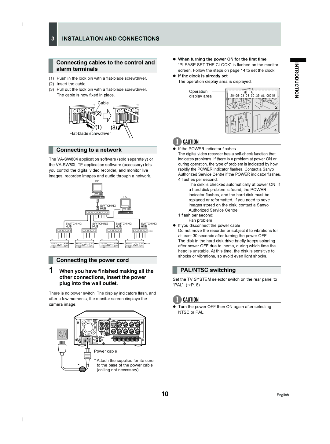 Sanyo DSR-M804P Installation and Connections, Connecting cables to the control and alarm terminals, PAL/NTSC switching 