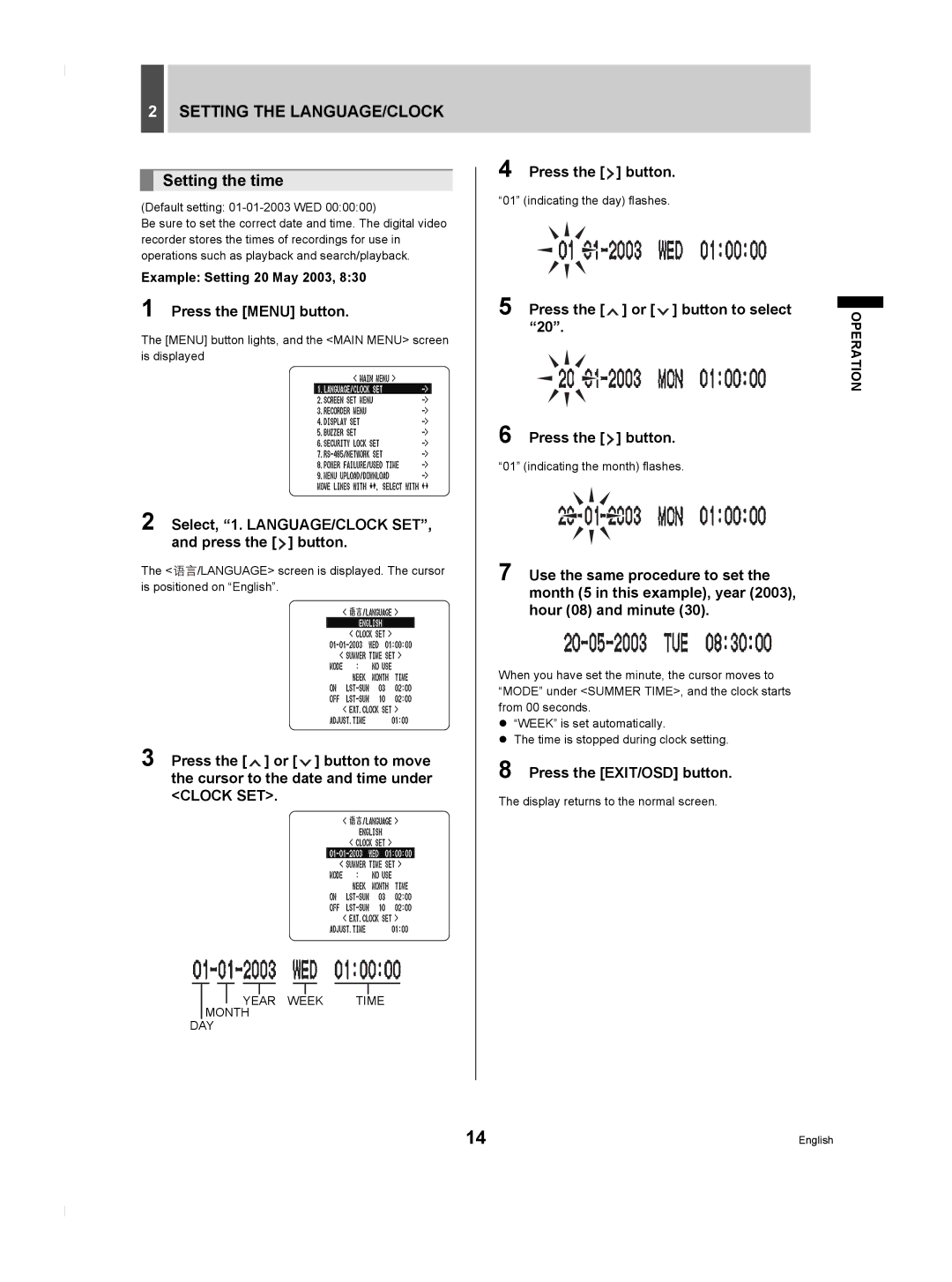 Sanyo DSR-M804P manual Setting the LANGUAGE/CLOCK, Setting the time 