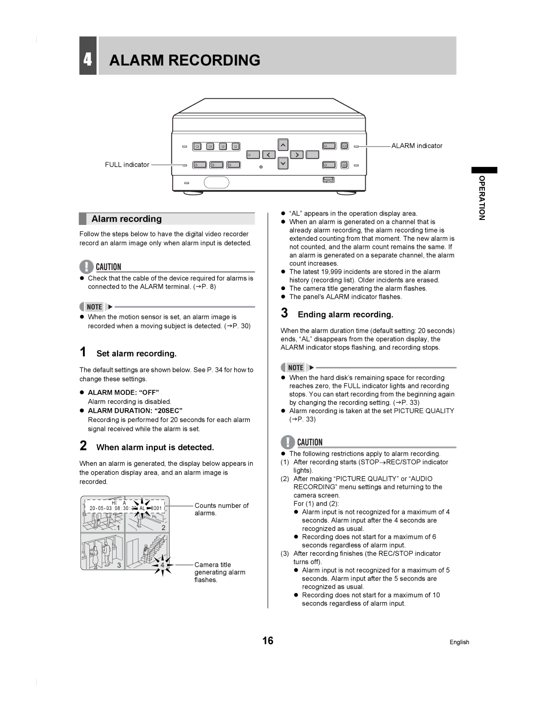 Sanyo DSR-M804P manual Alarm Recording, Alarm recording, Set alarm recording, When alarm input is detected 