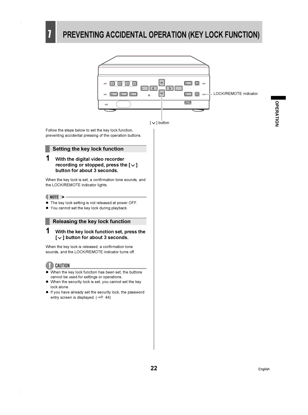 Sanyo DSR-M804P manual Setting the key lock function, Releasing the key lock function 