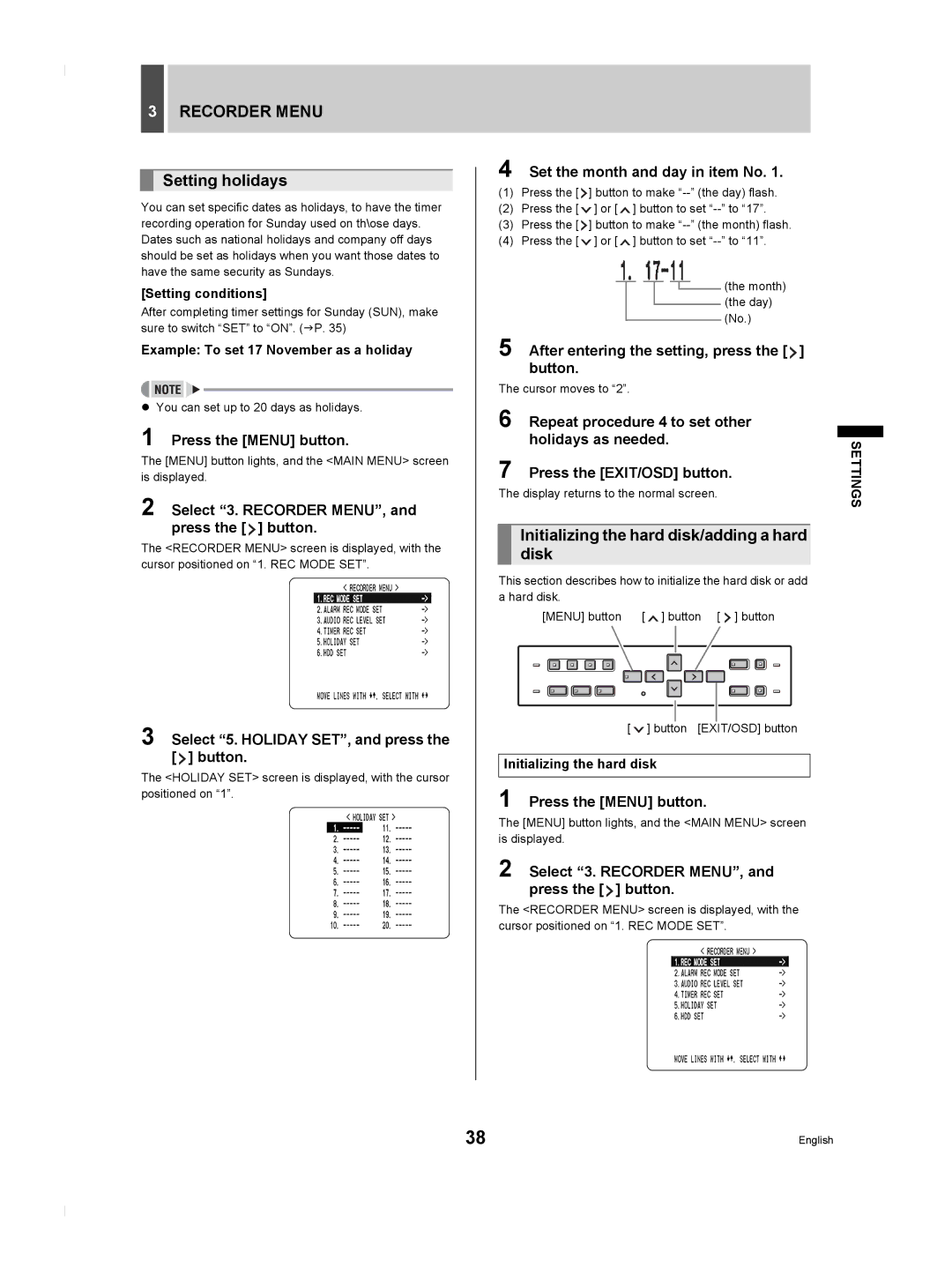 Sanyo DSR-M804P manual Setting holidays, Initializing the hard disk/adding a hard disk, Set the month and day in item No 