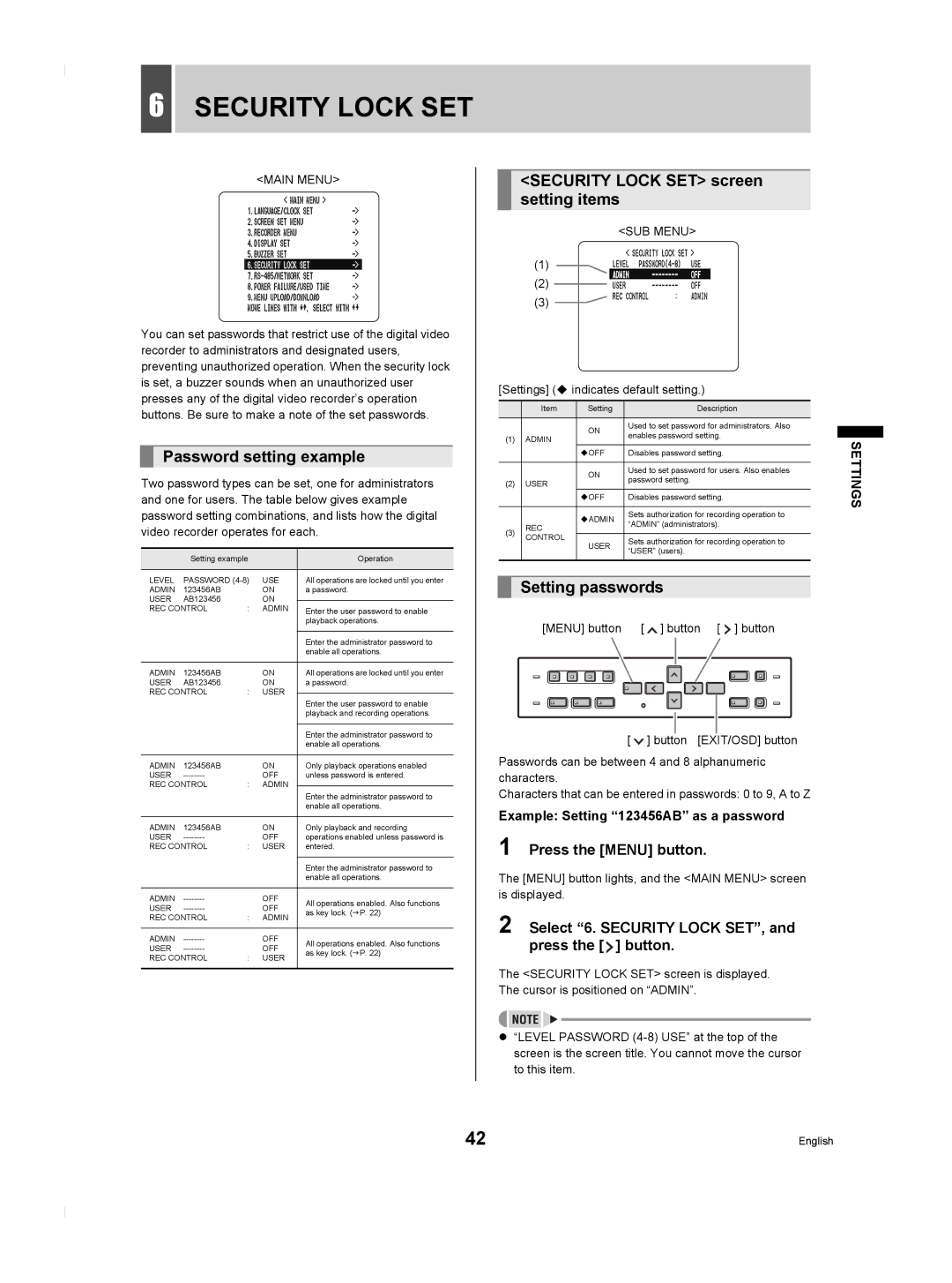 Sanyo DSR-M804P manual Password setting example, Security Lock SET screen setting items, Setting passwords 