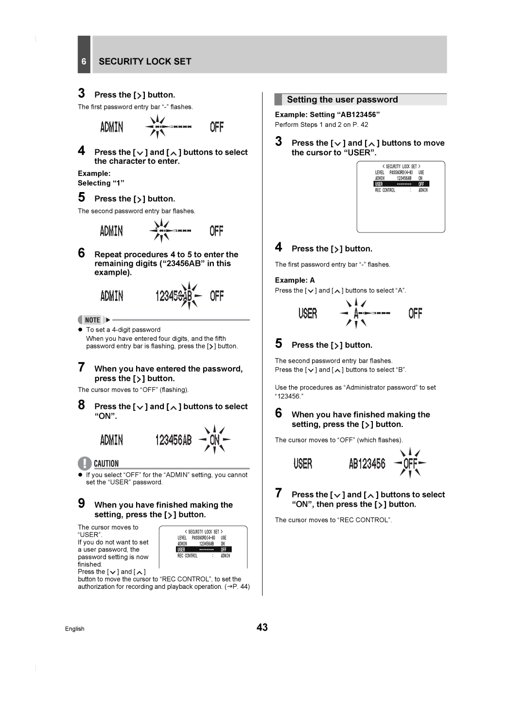 Sanyo DSR-M804P manual Security Lock SET, Setting the user password 