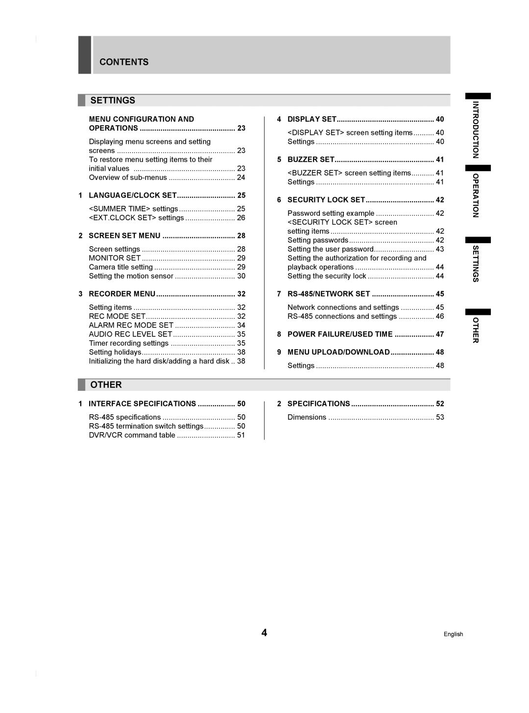 Sanyo DSR-M804P manual Contents Settings, Other 