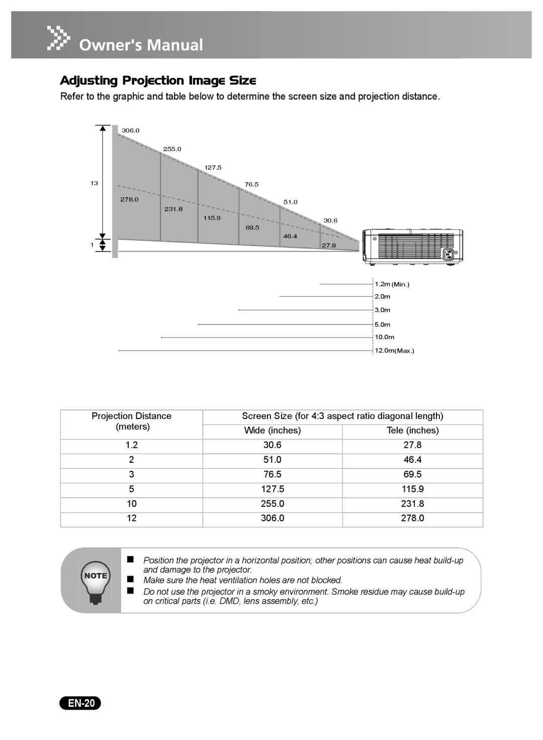 Sanyo DSU21N, DSU21E, DSU21B owner manual Adjusting Projection Image Size, EN-20 