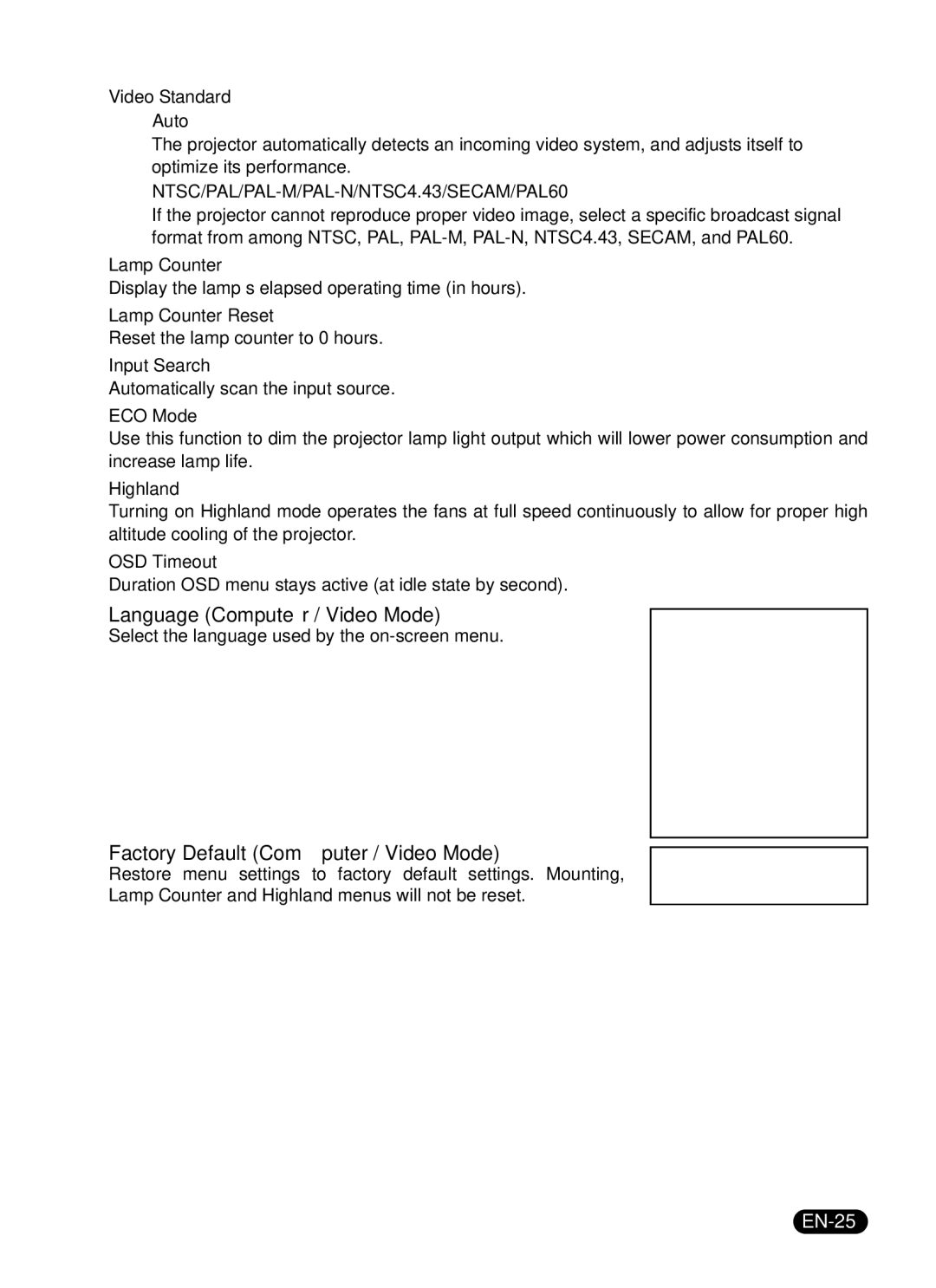 Sanyo DSU21E, DSU21N, DSU21B owner manual Language Computer / Video Mode, Factory Default Computer / Video Mode, EN-25 