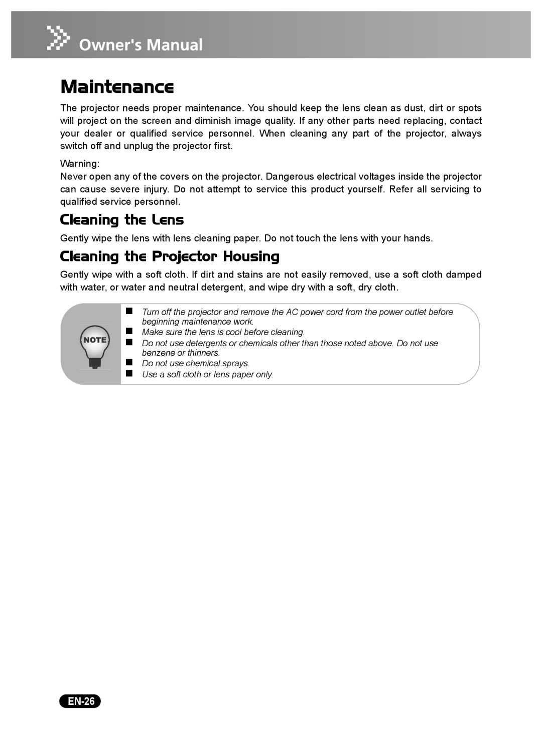 Sanyo DSU21N, DSU21E, DSU21B owner manual Maintenance, Cleaning the Lens, Cleaning the Projector Housing, EN-26 