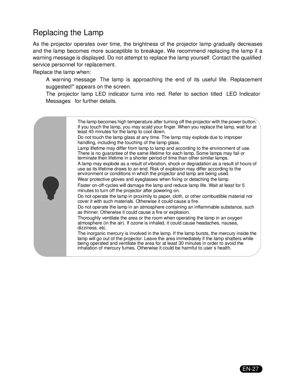 Sanyo DSU21B, DSU21E, DSU21N owner manual Replacing the Lamp, EN-27 