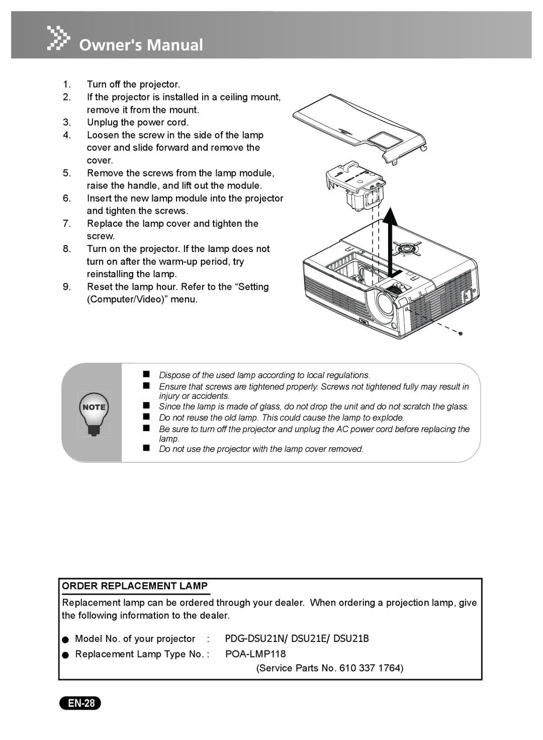 Sanyo DSU21E, DSU21N, DSU21B owner manual EN-28, Order Replacement Lamp 