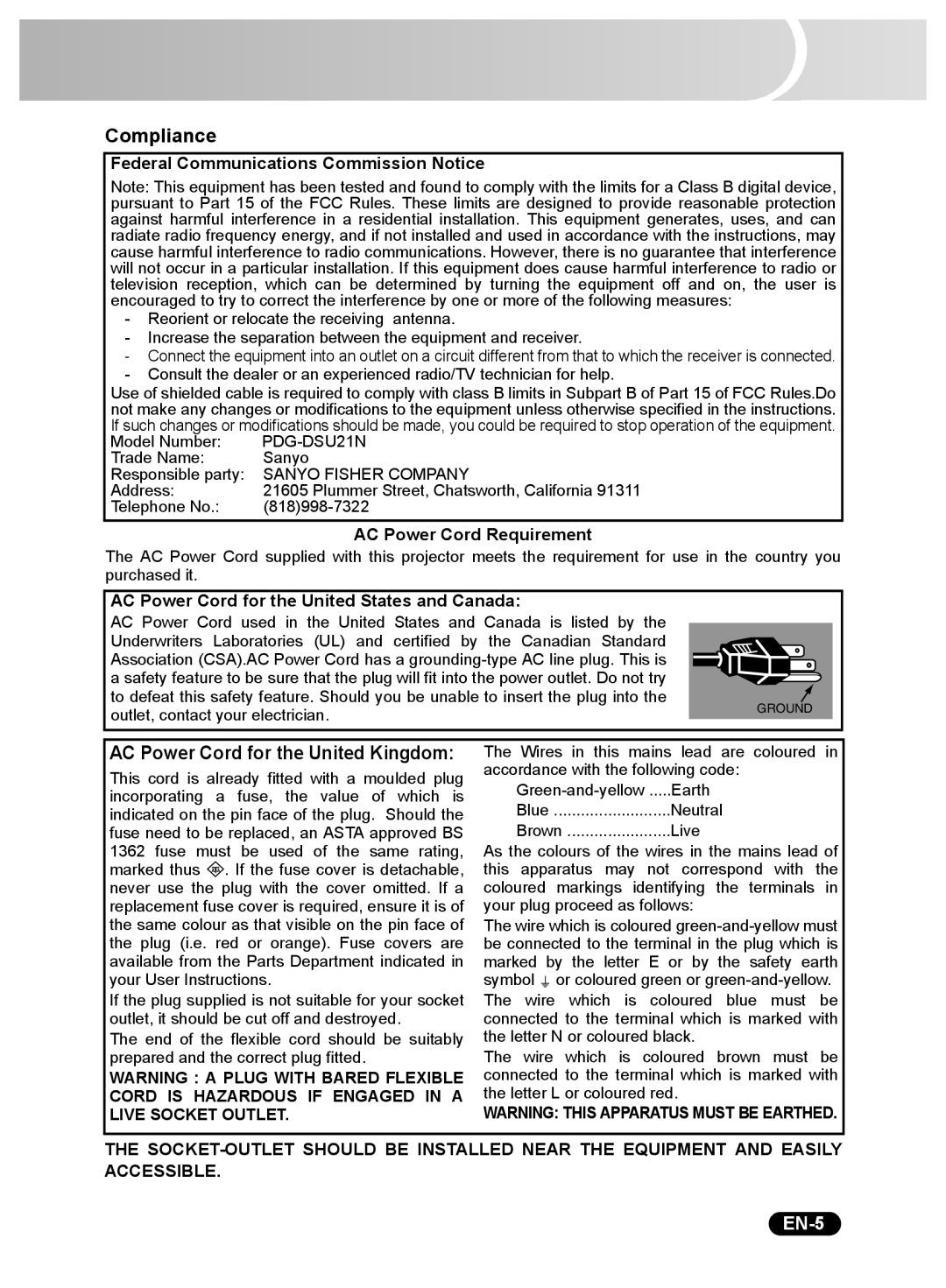 Sanyo DSU21N, DSU21E, DSU21B owner manual Compliance, EN-5 