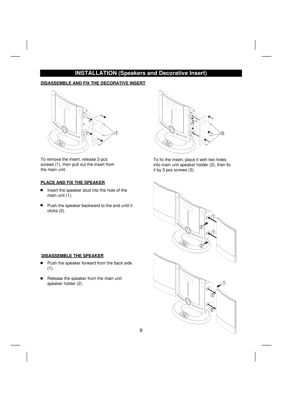 Sanyo DTA-2680 manual Installation Speakers and Decorative Insert, Place and FIX the Speaker 