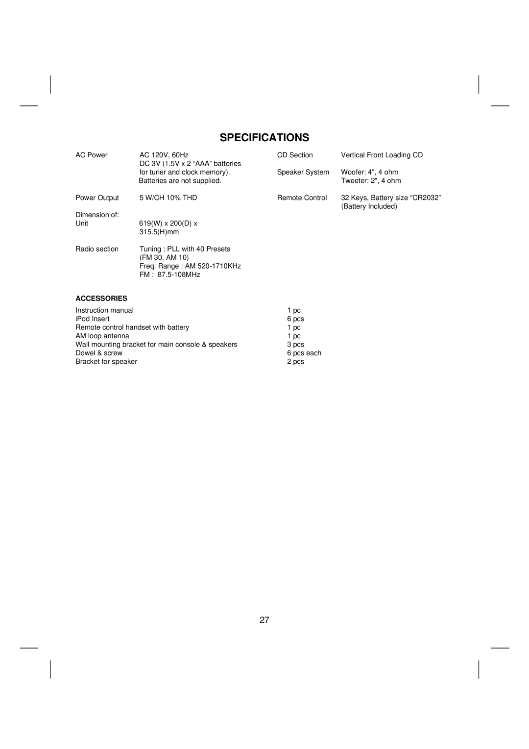 Sanyo DTA-2680 manual Specifications, Accessories 