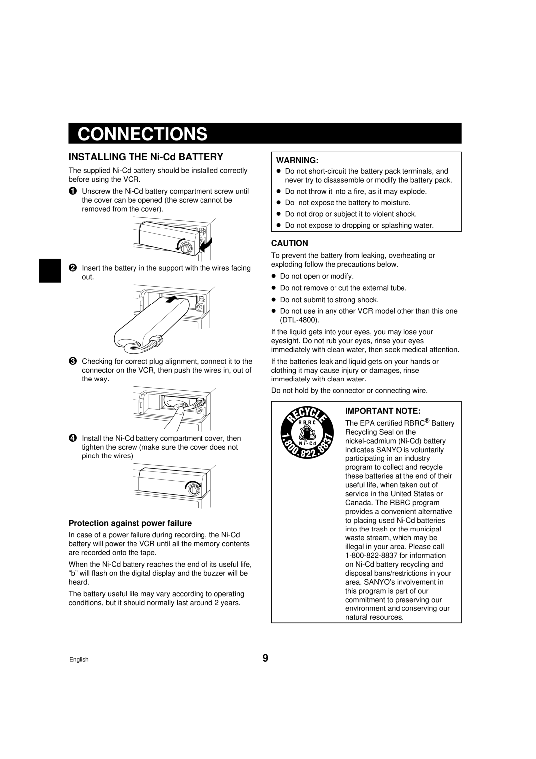 Sanyo DTL-4800, RD2QD/NA instruction manual Connections, Installing the Ni-Cd Battery, Protection against power failure 