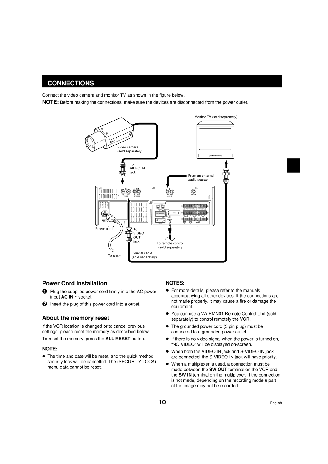 Sanyo RD2QD/NA, DTL-4800 instruction manual Connections, Power Cord Installation, About the memory reset 