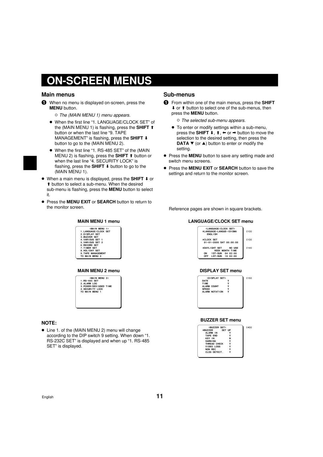 Sanyo DTL-4800, RD2QD/NA instruction manual ON-SCREEN Menus, Main menus, Sub-menus 