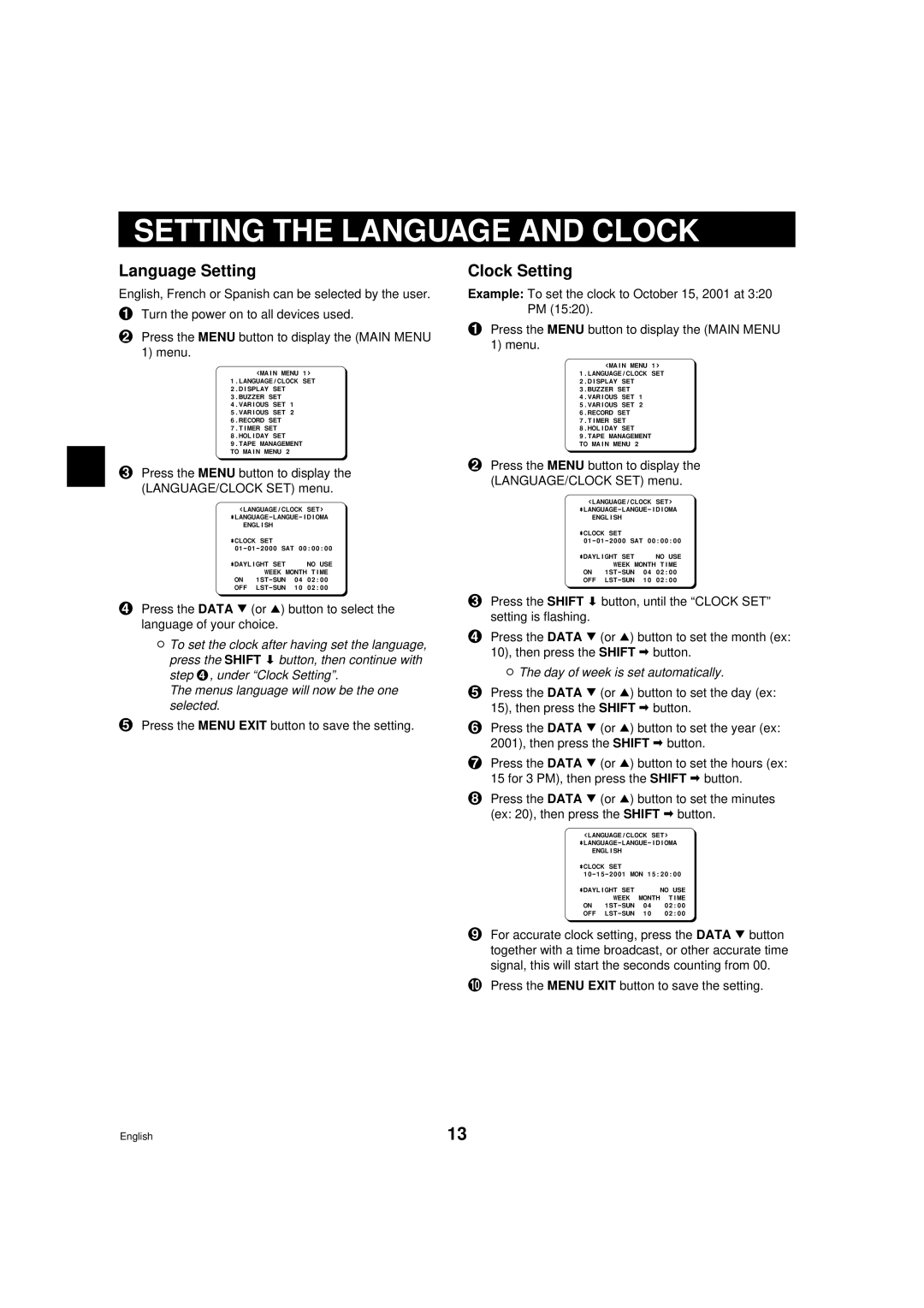 Sanyo DTL-4800, RD2QD/NA Setting the Language and Clock, Language Setting, Clock Setting, Day of week is set automatically 