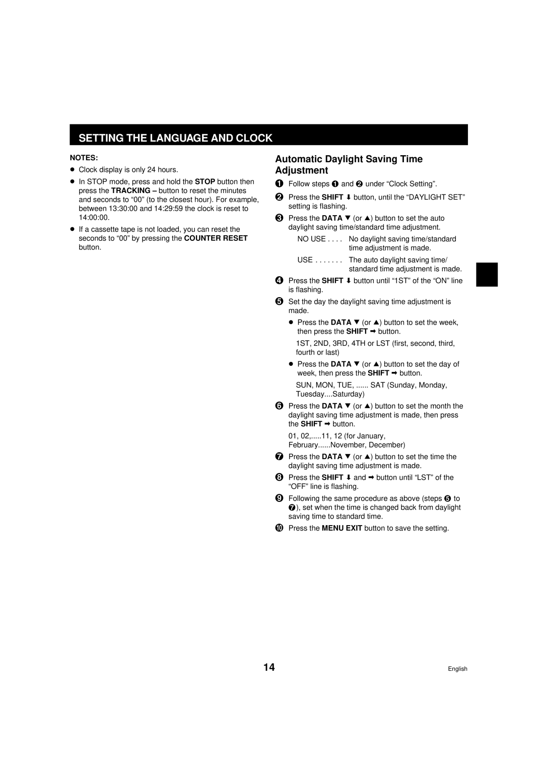 Sanyo RD2QD/NA, DTL-4800 instruction manual Setting the Language and Clock, Automatic Daylight Saving Time Adjustment 