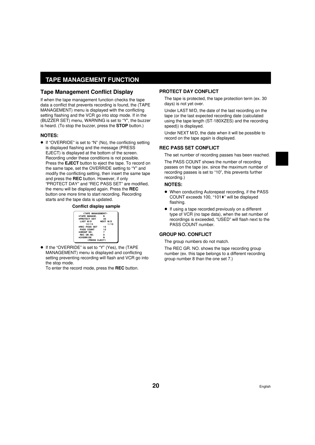 Sanyo RD2QD/NA, DTL-4800 instruction manual Tape Management Conflict Display, Conflict display sample 