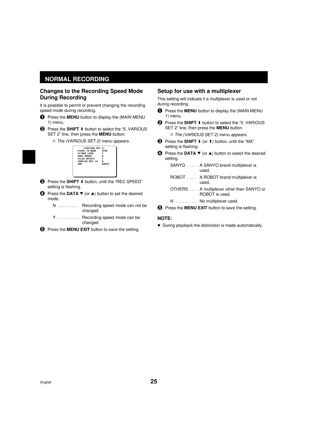 Sanyo DTL-4800, RD2QD/NA Changes to the Recording Speed Mode During Recording, Setup for use with a multiplexer 