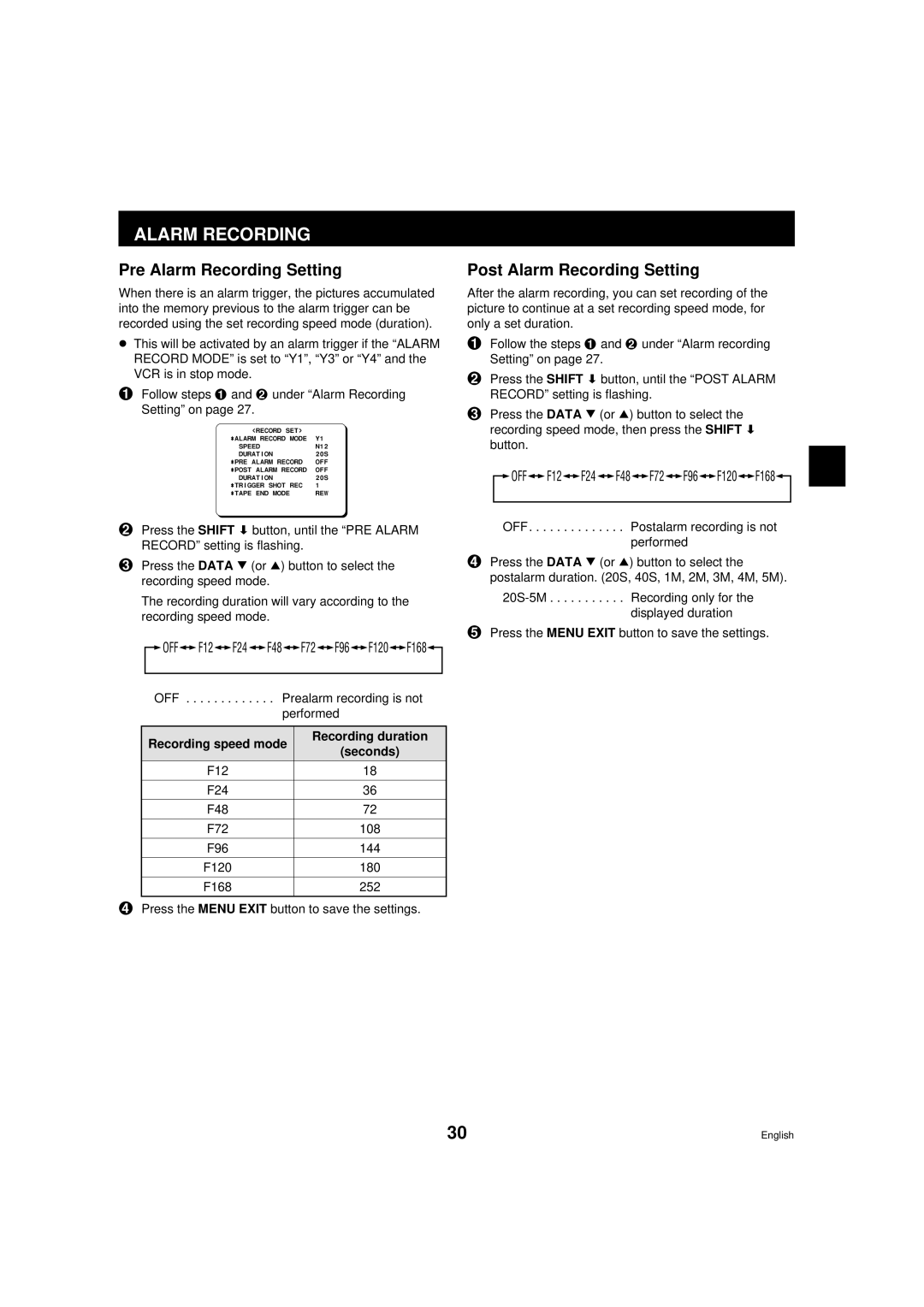 Sanyo RD2QD/NA Pre Alarm Recording Setting, Post Alarm Recording Setting, Recording speed mode Recording duration Seconds 