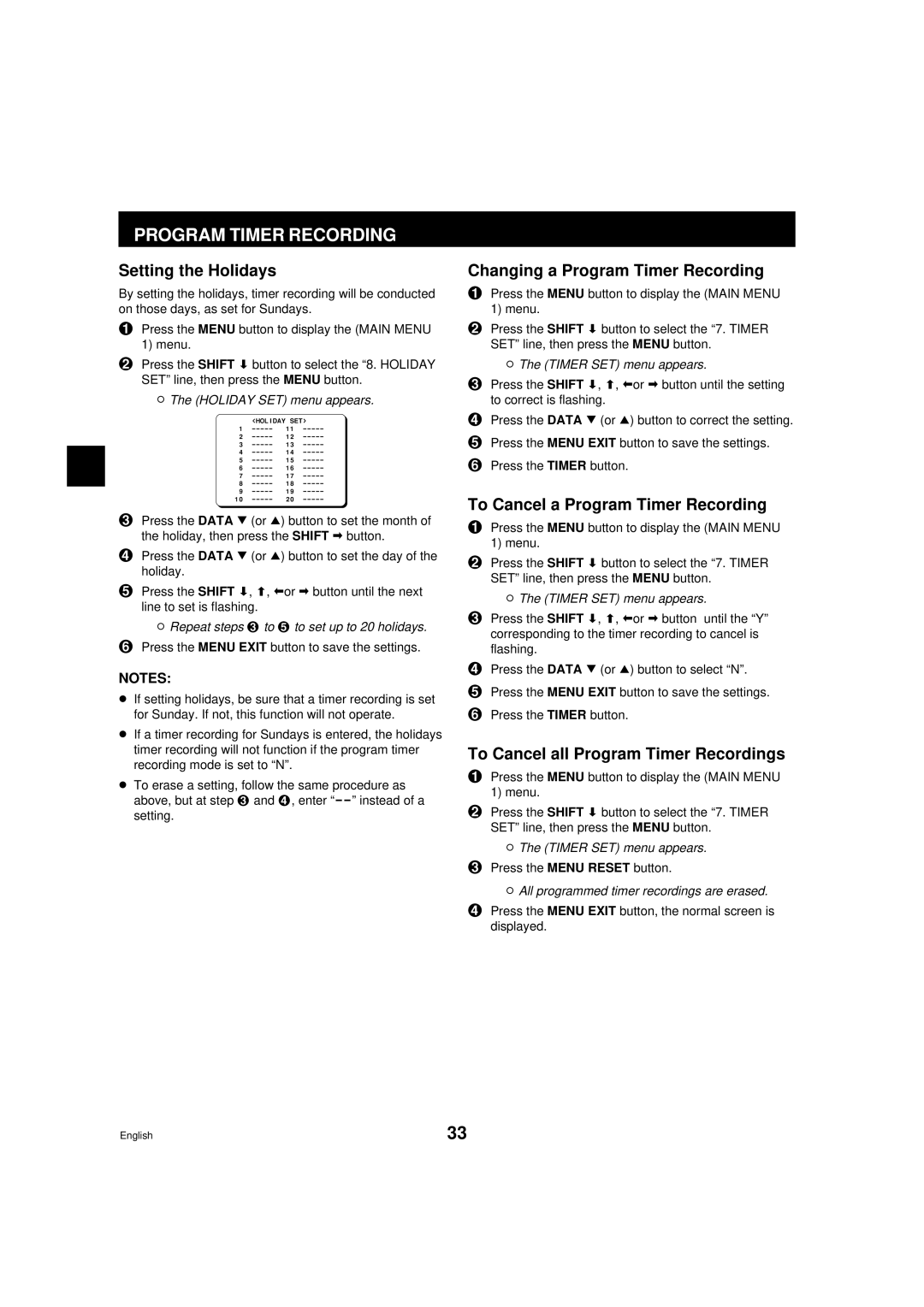 Sanyo DTL-4800, RD2QD/NA Setting the Holidays, Changing a Program Timer Recording, To Cancel a Program Timer Recording 