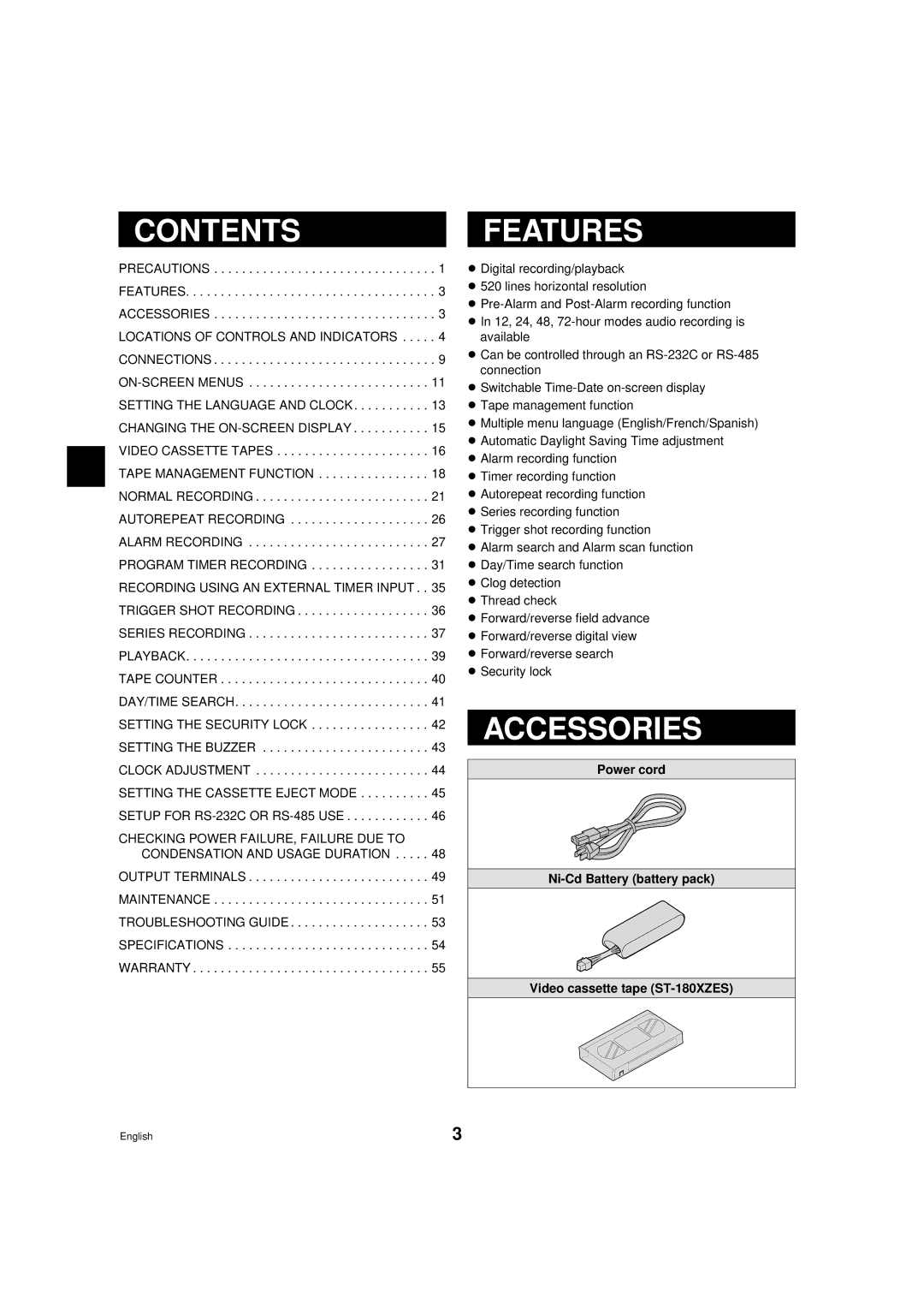 Sanyo DTL-4800, RD2QD/NA instruction manual Contents, Features, Accessories 