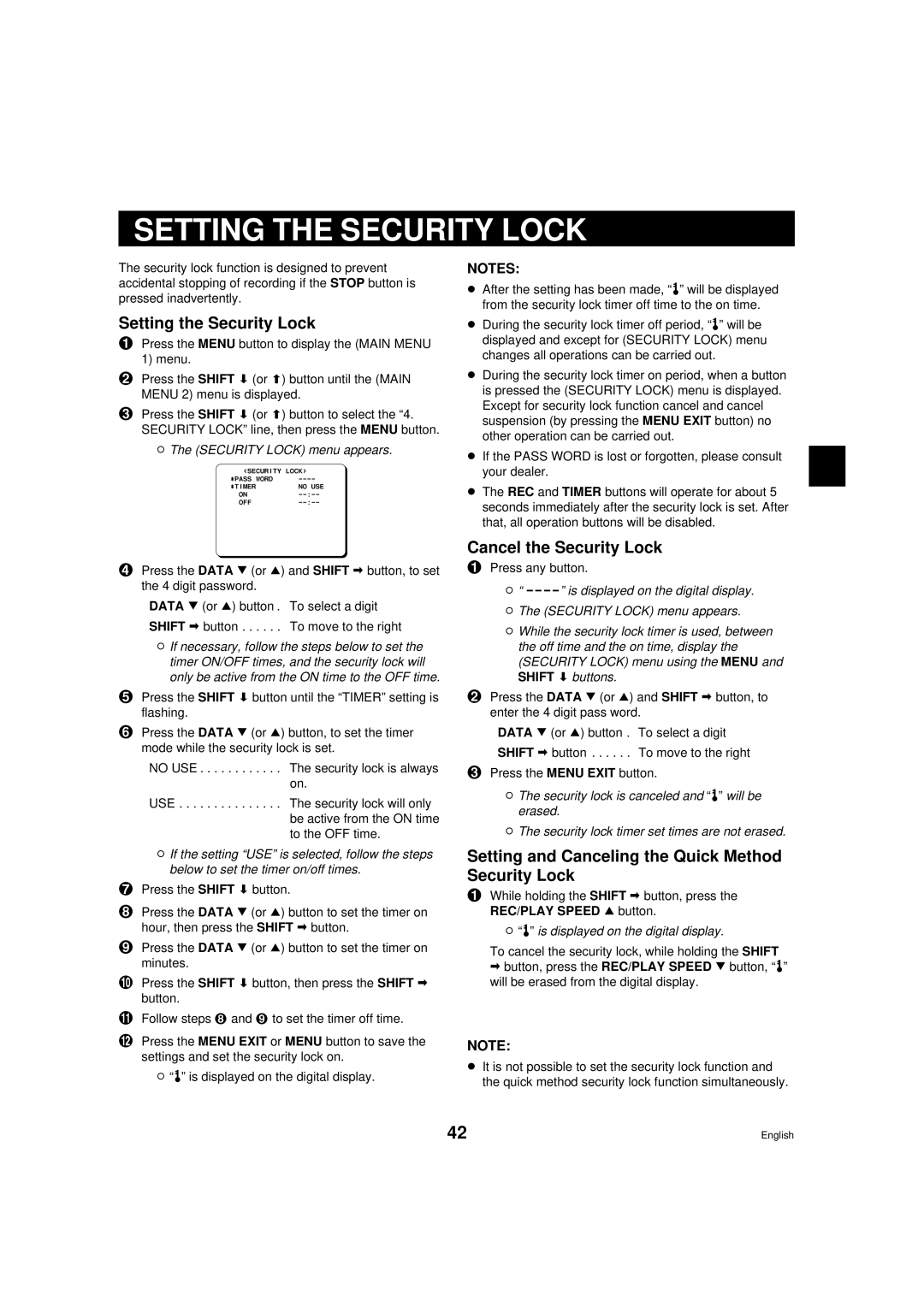 Sanyo RD2QD/NA Setting the Security Lock, Cancel the Security Lock, Setting and Canceling the Quick Method Security Lock 