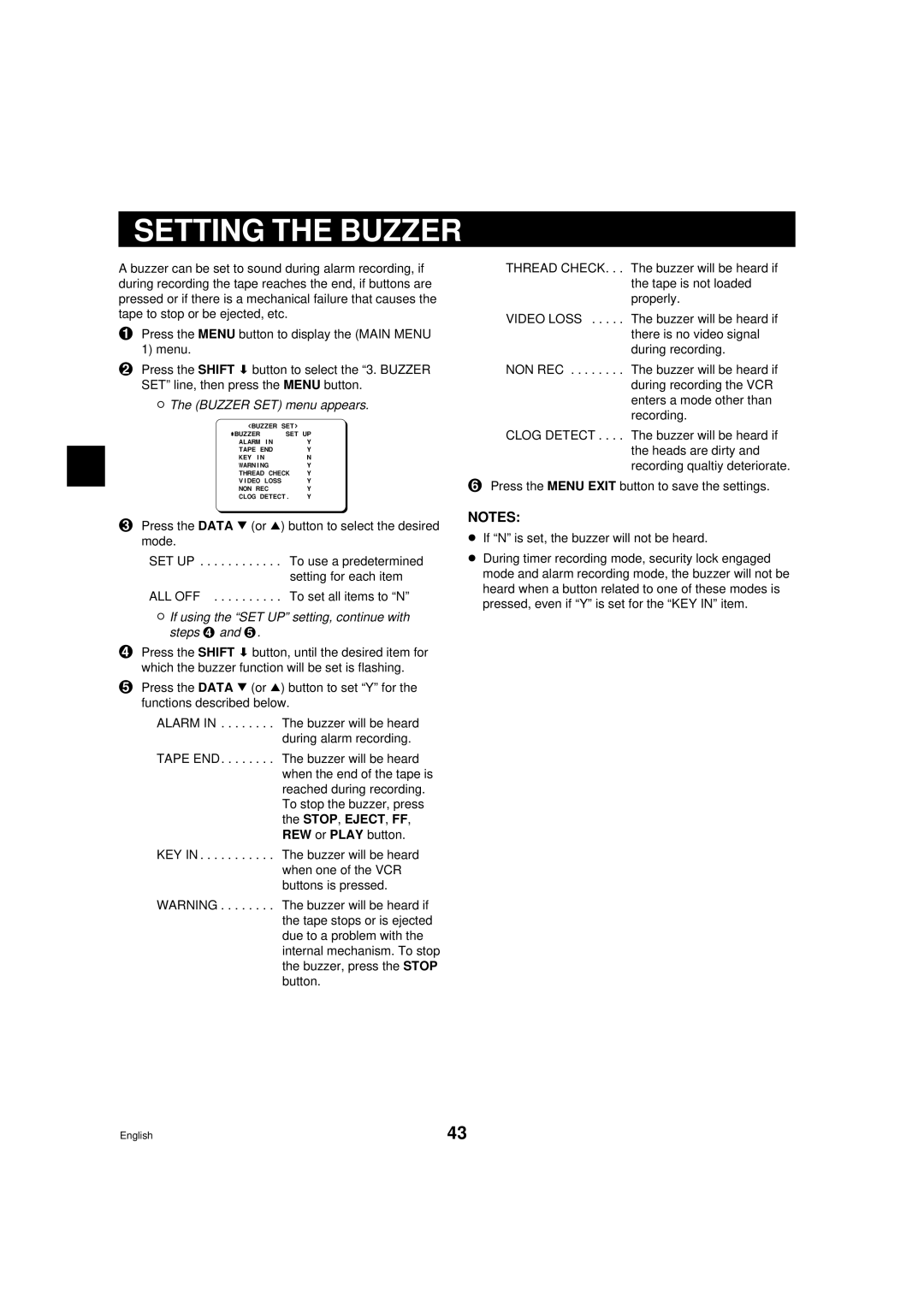 Sanyo DTL-4800, RD2QD/NA Setting the Buzzer, Buzzer SET menu appears, If using the SET UP setting, continue with steps 4 